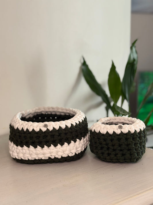 Duo de Paniers de Rangement en Crochet - NOA & ALBA - Vert sapin & Blanc
